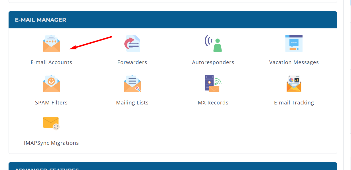 menu email accounts directadmin